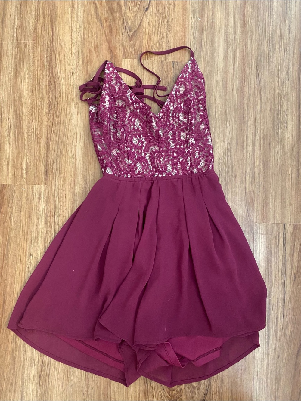 Windsor Burgundy Lace Bodice Romper with Strappy Back